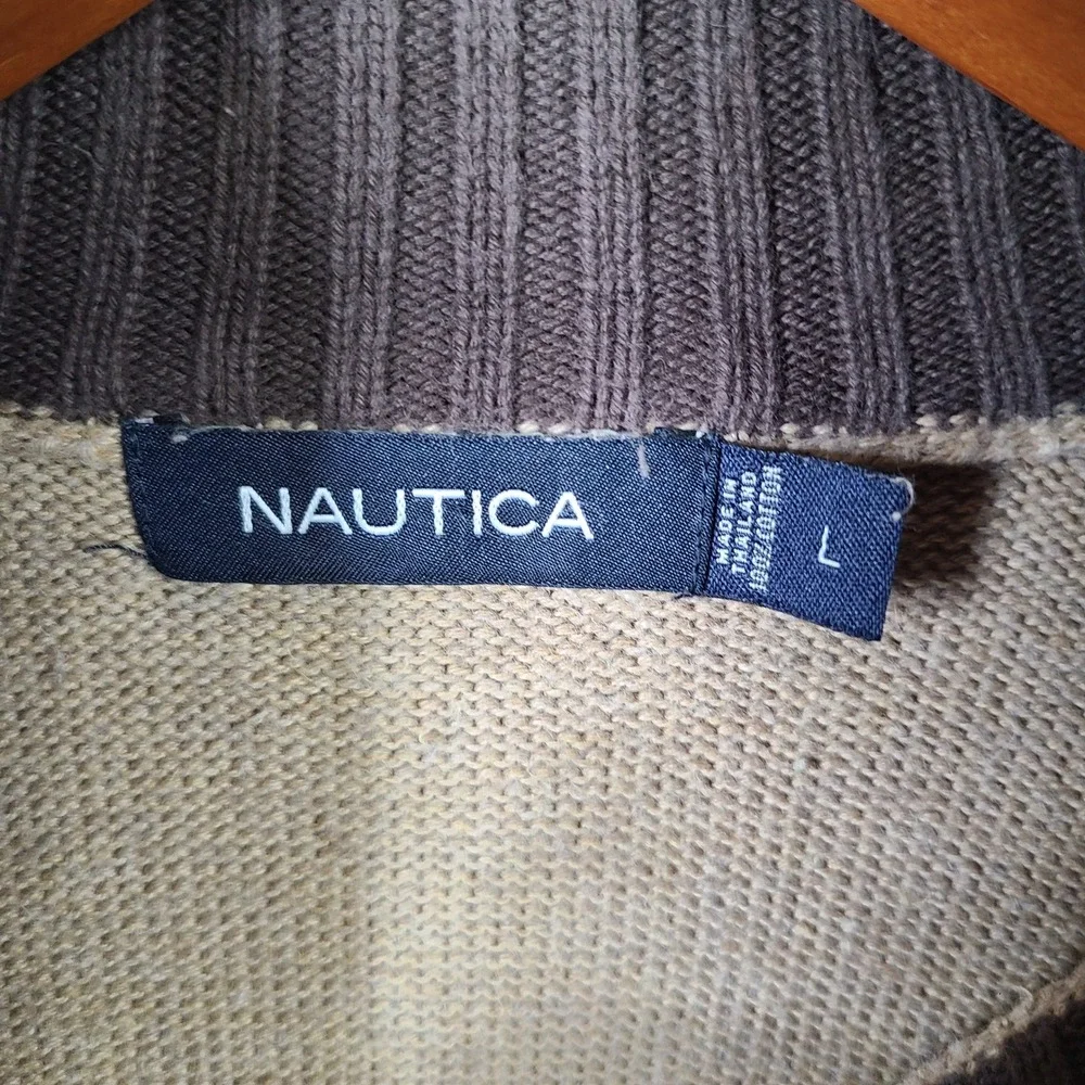 Nautica Sweater Mens Large Tan Quarter Zip Pullover Cotton Long Sleeve Casual‎